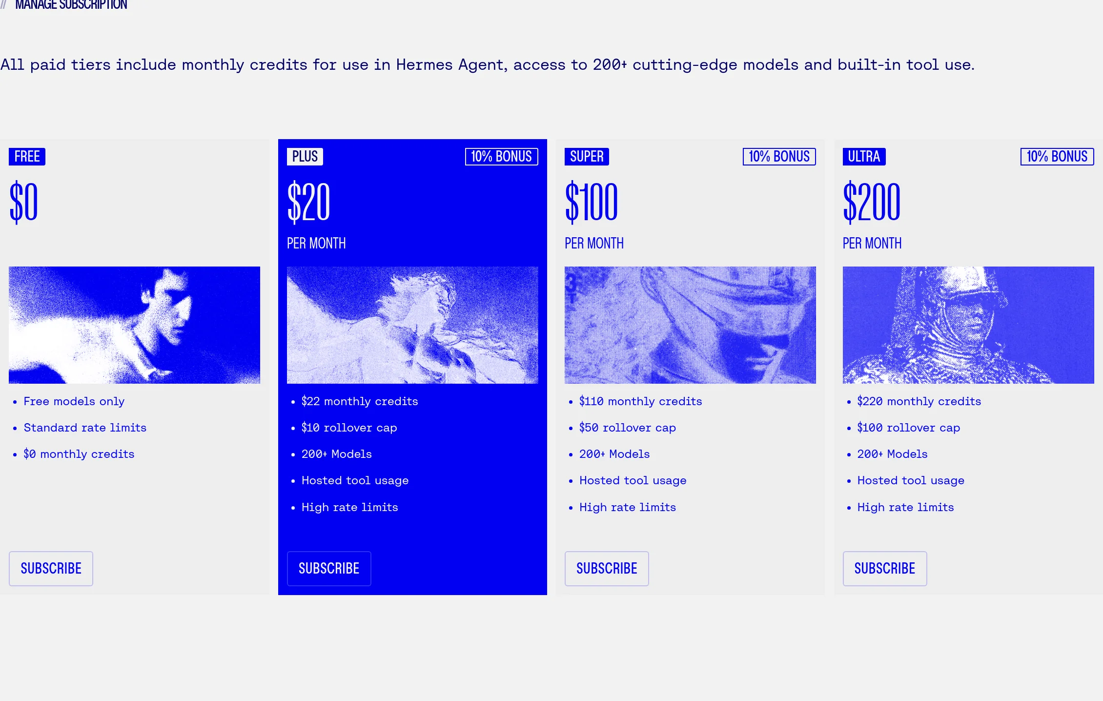 Nous Portal(portal.nousresearch.com)公式料金ページ。Free/Plus($20)/Super($100)/Ultra($200)の月額クレジットとロールオーバー上限を比較できる料金表
