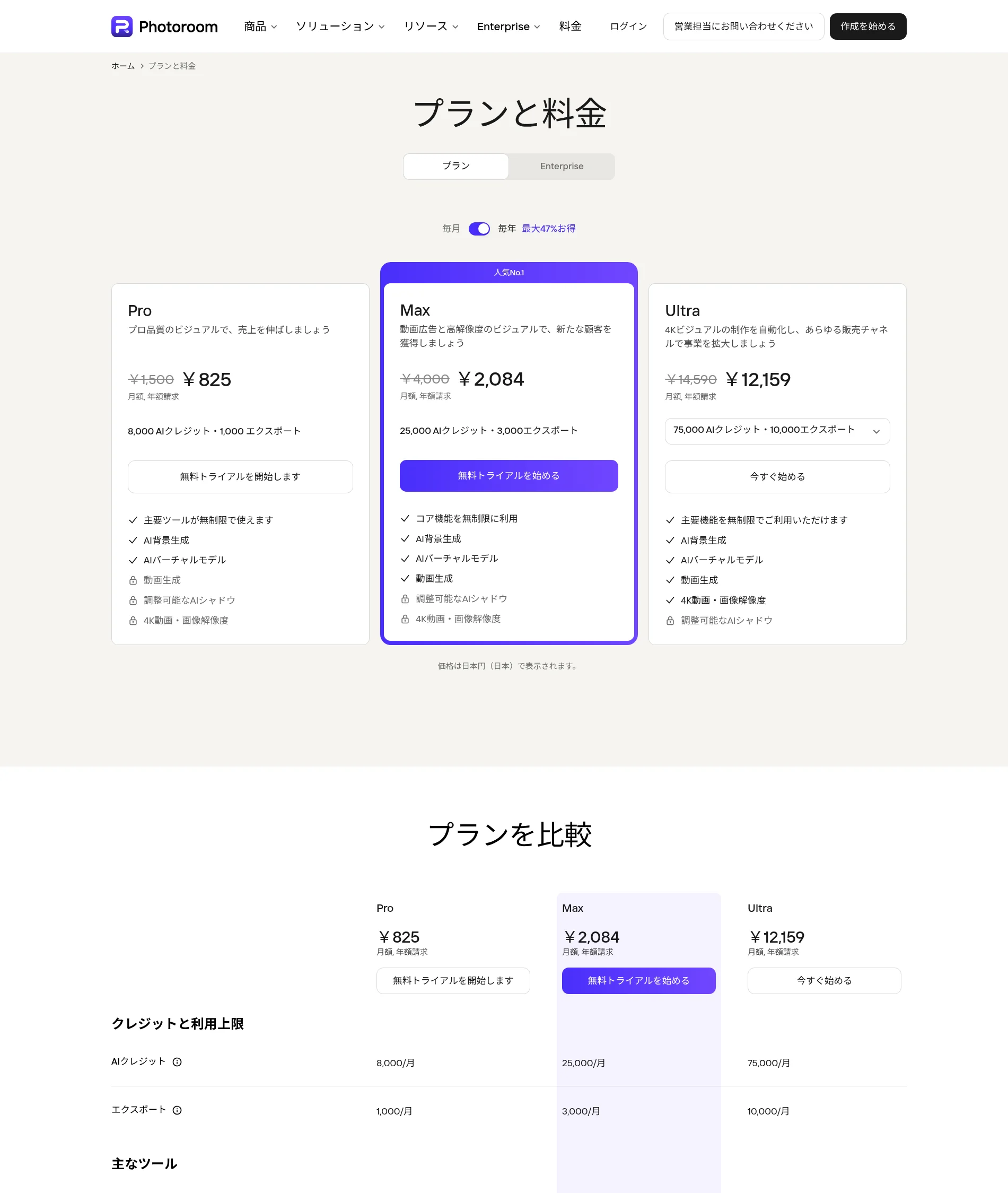 Photoroom公式の料金ページ（Pro/Max/Ultraの月額・年払い価格、日本円表示、2026年10月時点）