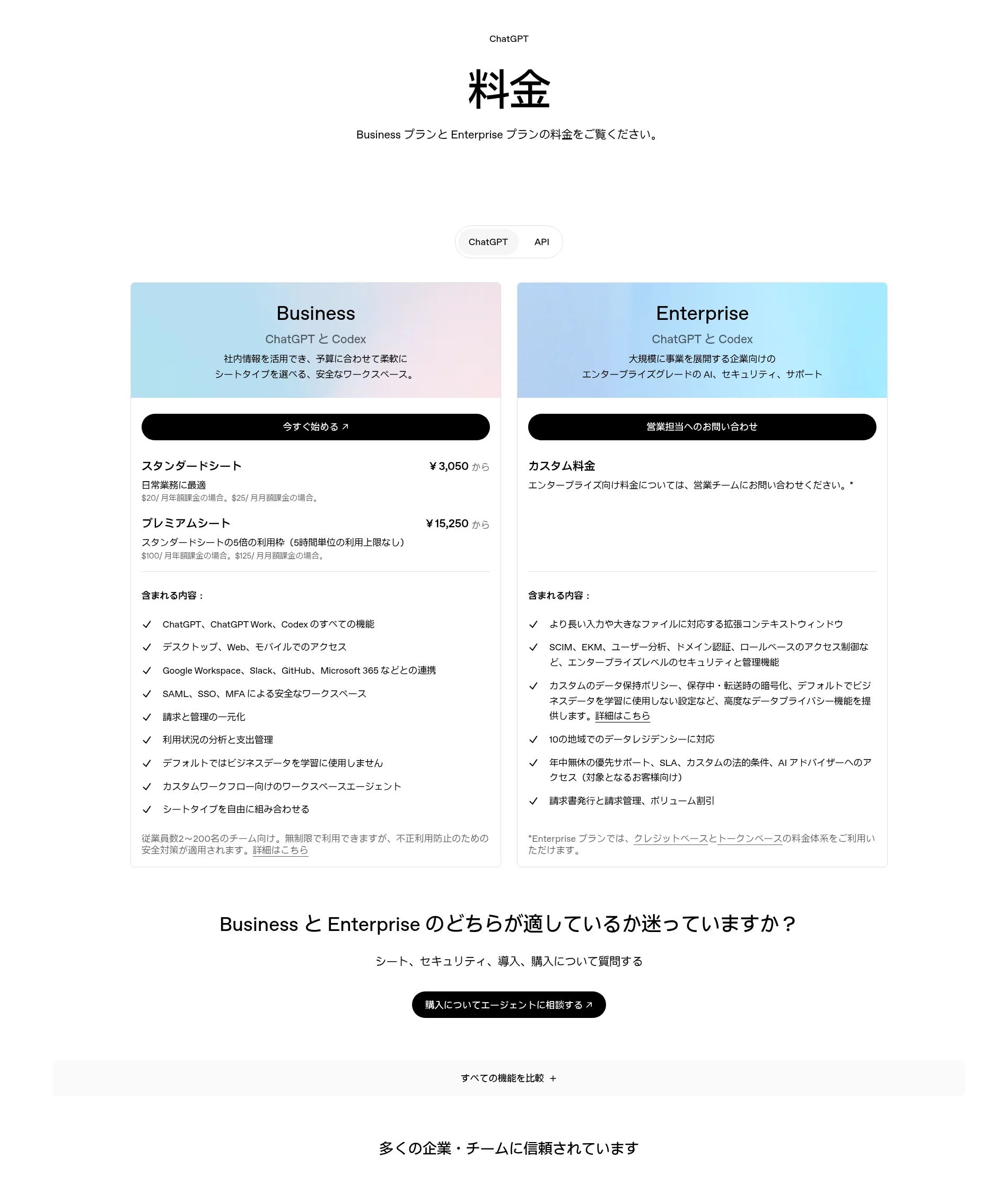 ChatGPT BusinessのスタンダードシートとプレミアムシートおよびEnterpriseの料金・機能比較（出典：OpenAI公式サイト、日本語表示、2026年10月編集部確認）