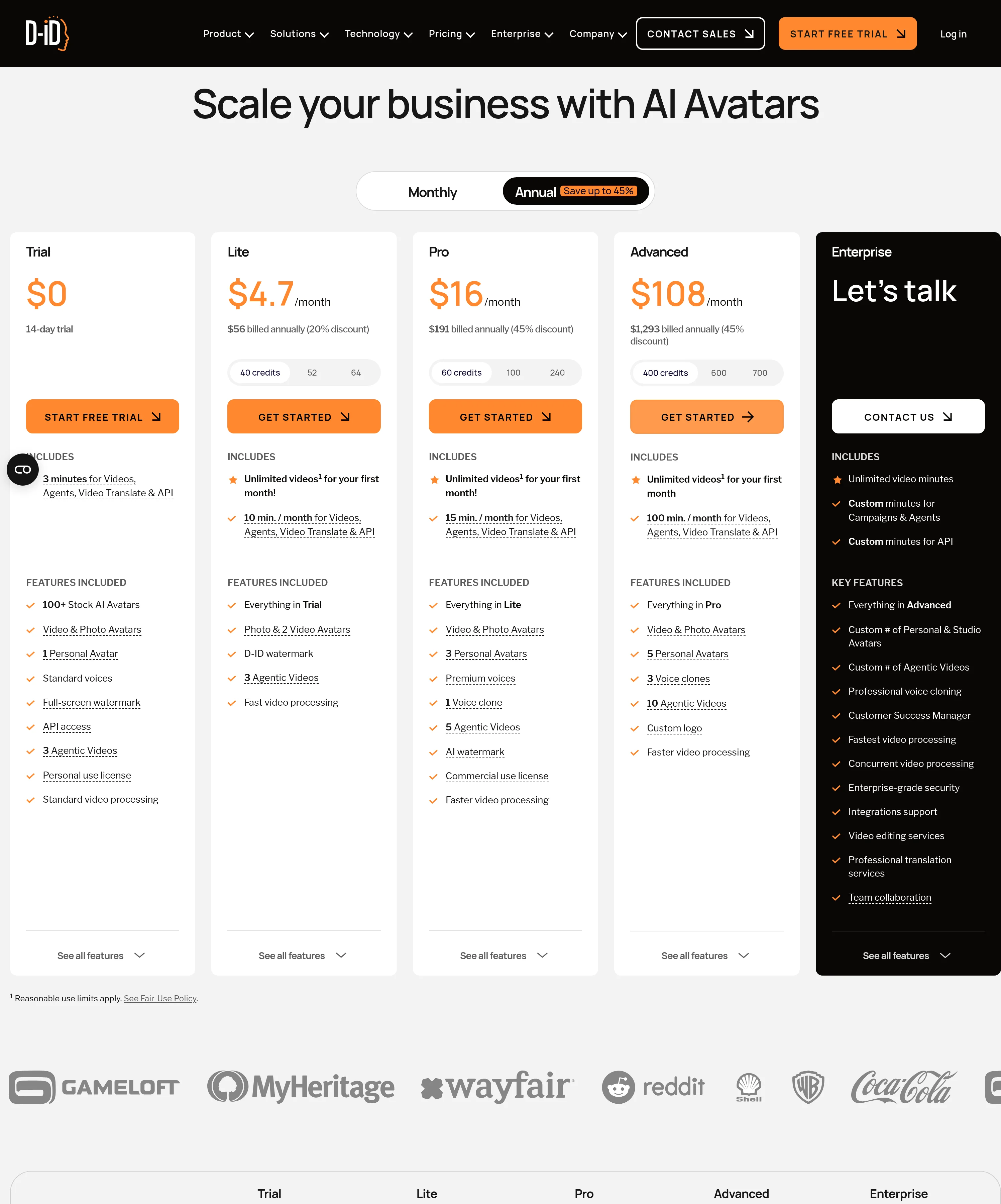 D-ID Studioの料金プラン一覧。Trial/Lite/Pro/Advanced/Enterpriseの月額と商用利用ライセンスの違い(出典: D-ID公式サイト pricing/studio、2026年9月時点)