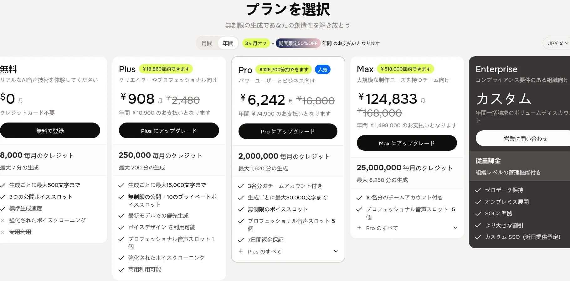 Fish Audio公式サイトの料金プラン比較（Free/Plus/Pro/Max/Enterprise、2026年10月・編集部確認）