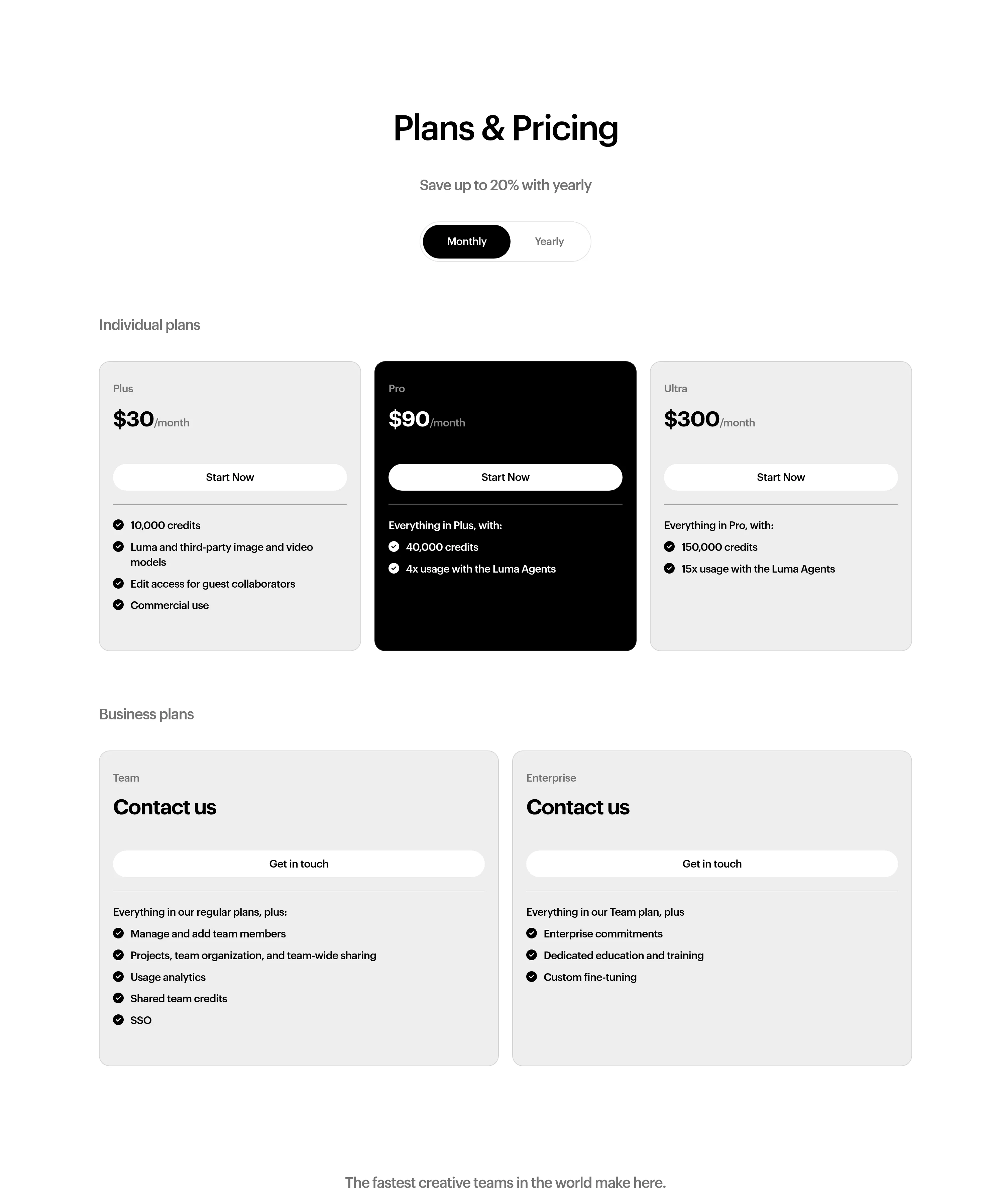 Luma公式サイトの料金プラン表（Plus $30／Pro $90／Ultra $300、2026年・lumalabs.ai/pricing）