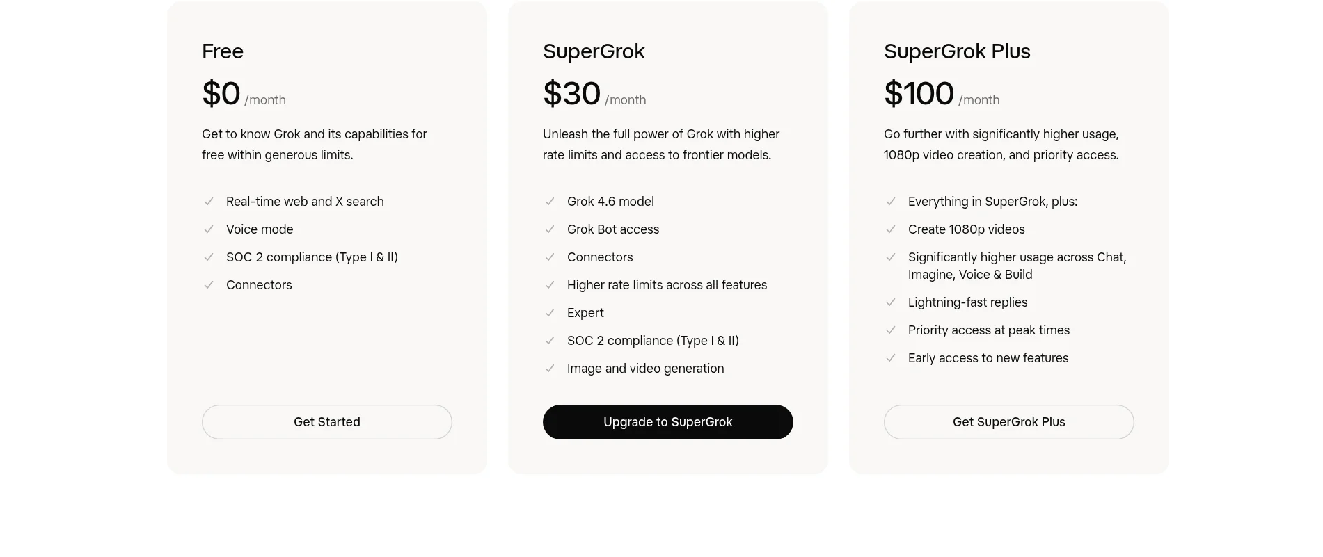 xAI公式サイトのGrok料金ページ（Free・SuperGrok・SuperGrok Plusの料金表、2026年10月確認）
