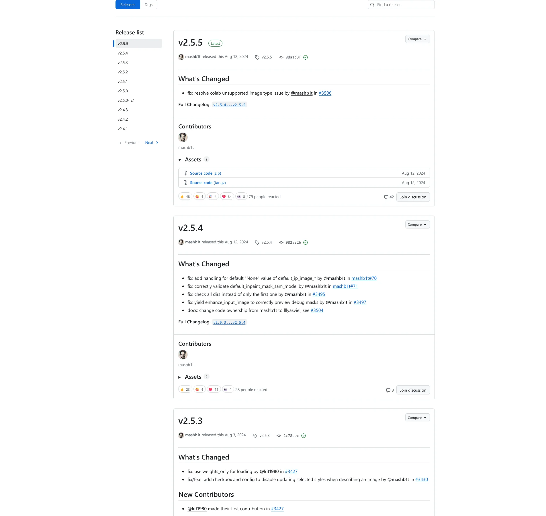 Fooocus公式GitHub Releasesページ。最新版v2.5.5までバグ修正リリースが継続している