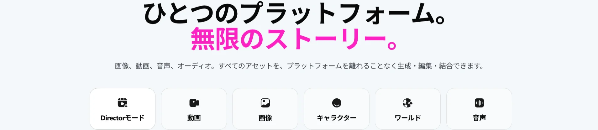 OpenArt公式サイトのトップページ。Directorモード・動画・画像・キャラクター・ワールド・音声の6つのツールが並ぶ（出典: openart.ai）