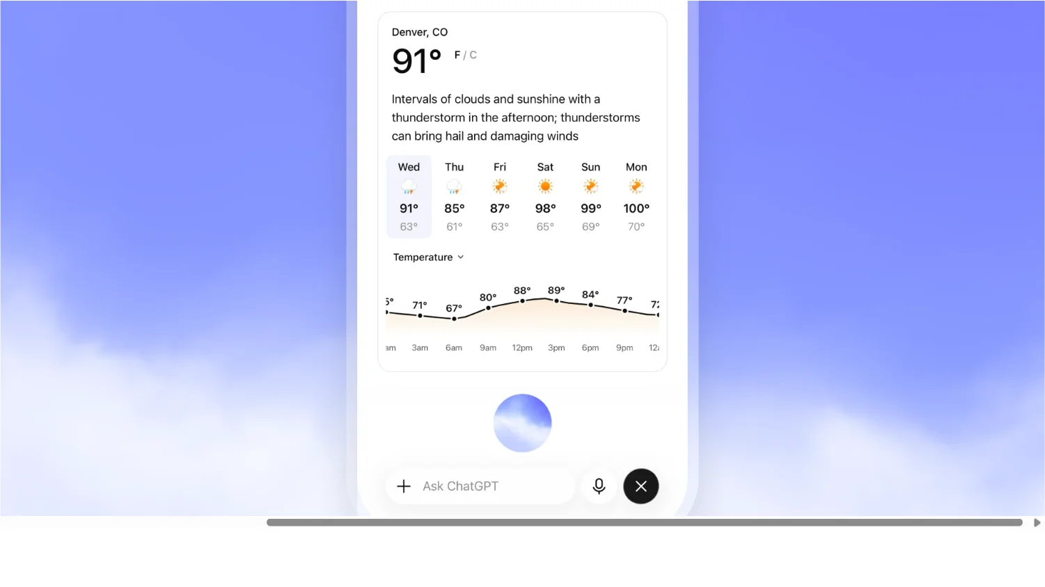 ChatGPT Voice(GPT-Live)の視覚的な回答の例:天気予報をビジュアルカードで表示(OpenAI公式サイト、2026年7月)