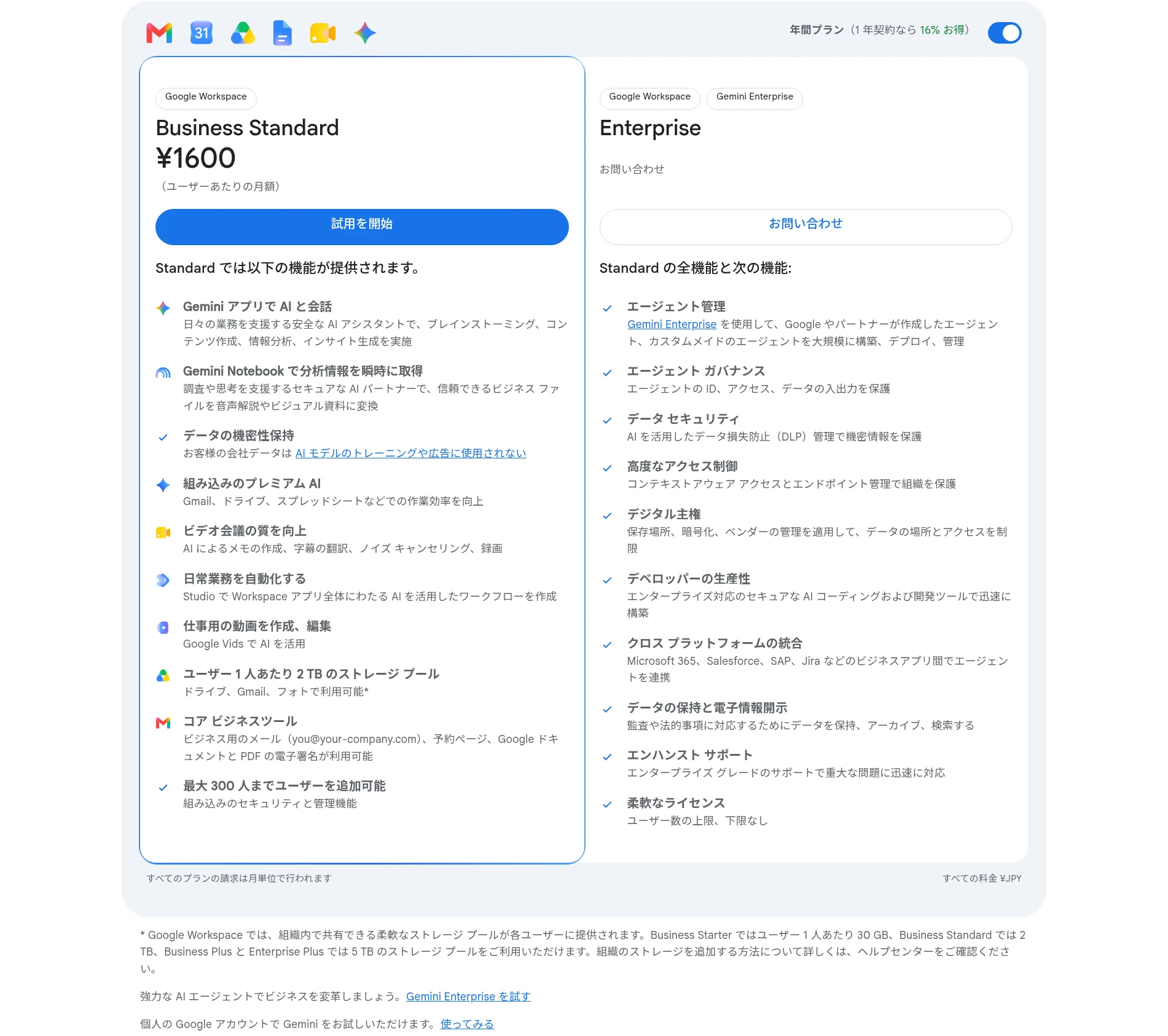 Google Workspace公式サイトのBusiness Standard（月額1,600円）とEnterpriseの料金セクション（2026年10月・Google Workspace公式サイト）