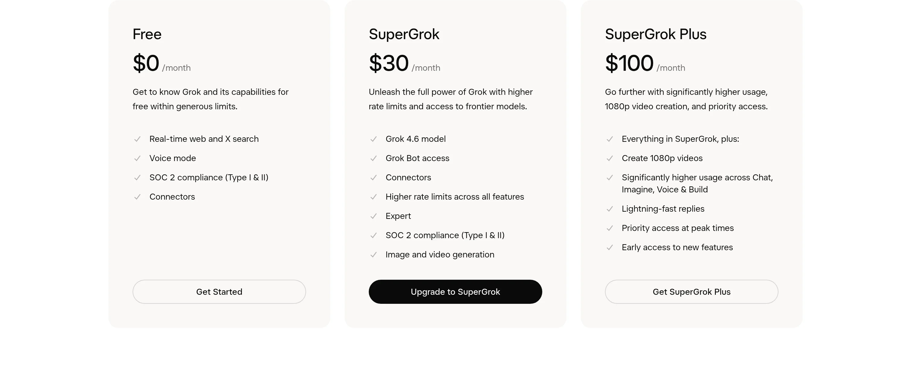 xAI公式サイトのFree・SuperGrok・SuperGrok Plus料金比較表（x.ai/pricing、2026年時点）